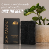 Schizandu charcoal detox bar and packaging with a plant in the background