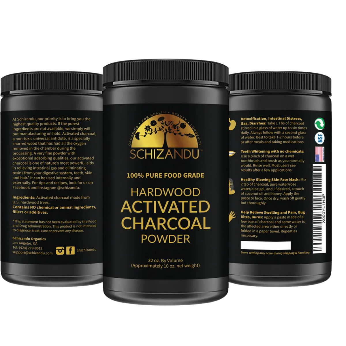 Three containers of Schizandu Hardwood Activated Charcoal Powder on a white background