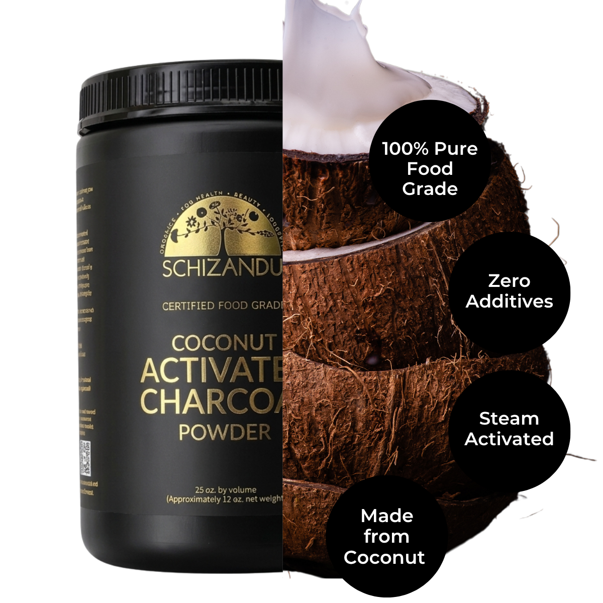 Schizandu coconut activated charcoal powder container with coconut pieces and text highlighting features.
