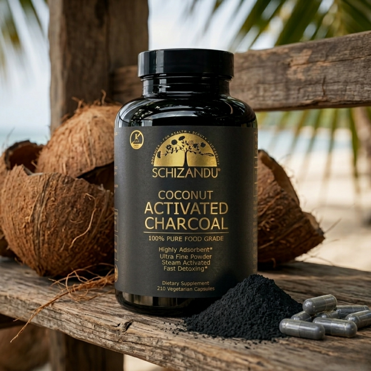 Schizandu coconut activated charcoal supplement bottle on a wooden surface with coconuts and capsules.