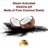 Coconut with the text steam activated alkalinepH made of pure coconut shells above it, Schizandu