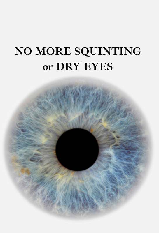 Close-up of a blue eye with text 'NO MORE SQUINTING or DRY EYES' on a white background- eyes health - omega 3 dha