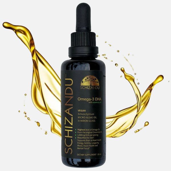 Schizandu Omega-3 DHA supplement bottle with gold liquid splashes on a white background