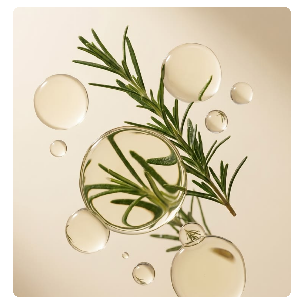 A close-up artistic shot of a rosemary sprig surrounded by clear glass droplets on a warm cream background.
