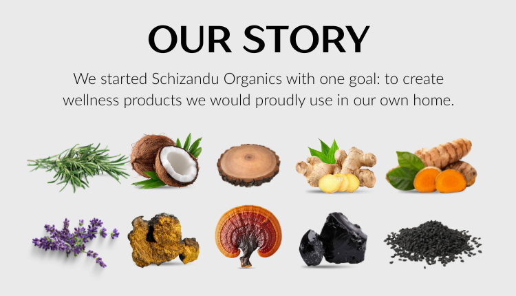 Schizandu Organics wellness products with text on a light gray background