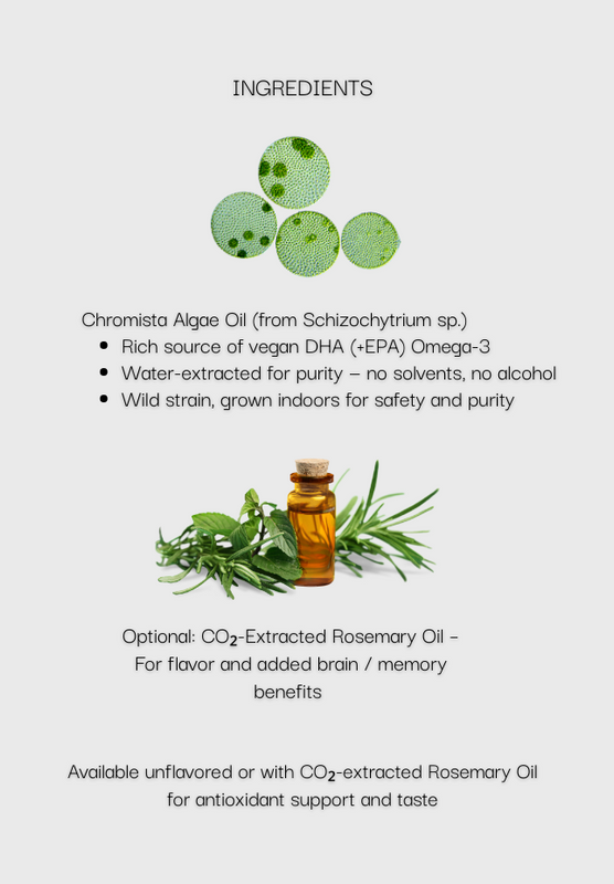 Product label with ingredients list and images of algae and rosemary oil on a light gray background.