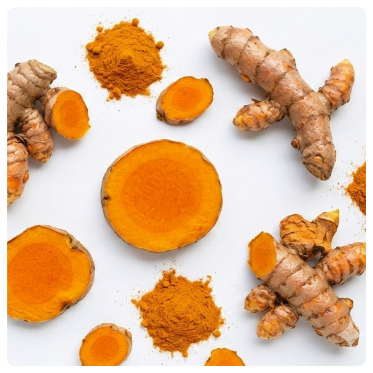 Turmeric root pieces, sliced turmeric showing bright orange flesh, and turmeric powder arranged on a clean white background.