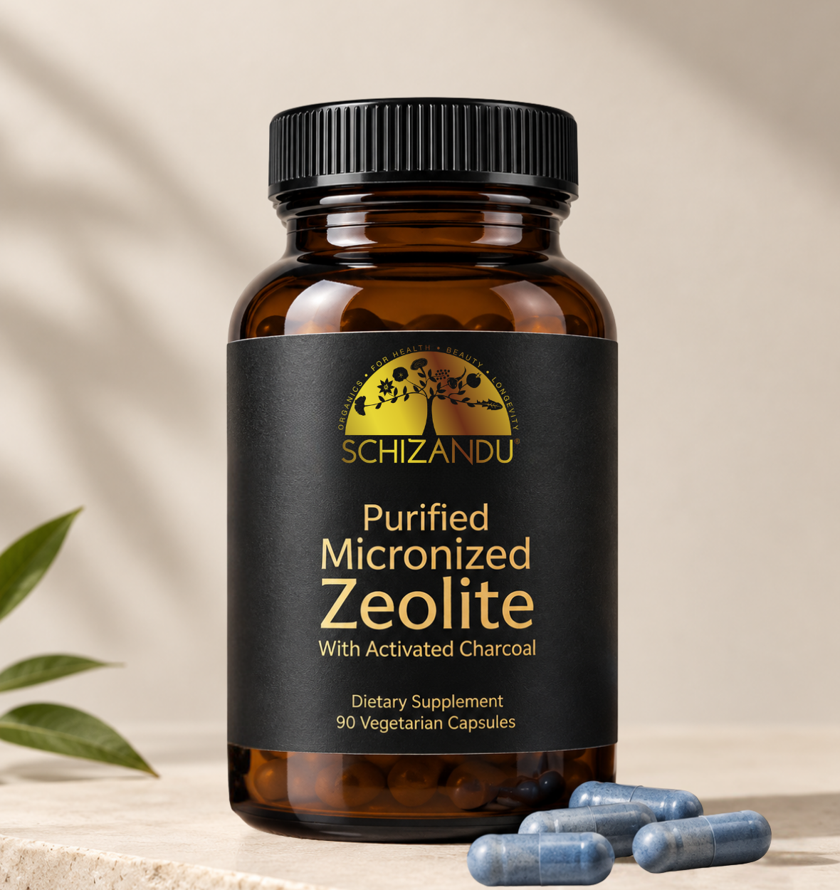 An amber glass bottle of Schizandu Purified Micronized Zeolite dietary supplement with a black label and black ribbed cap, shown on a light beige surface with a few blue capsules in front and soft shadows in the background.