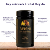 Schizandu Reishi supplement bottle with key nutrients and their functions on a white background