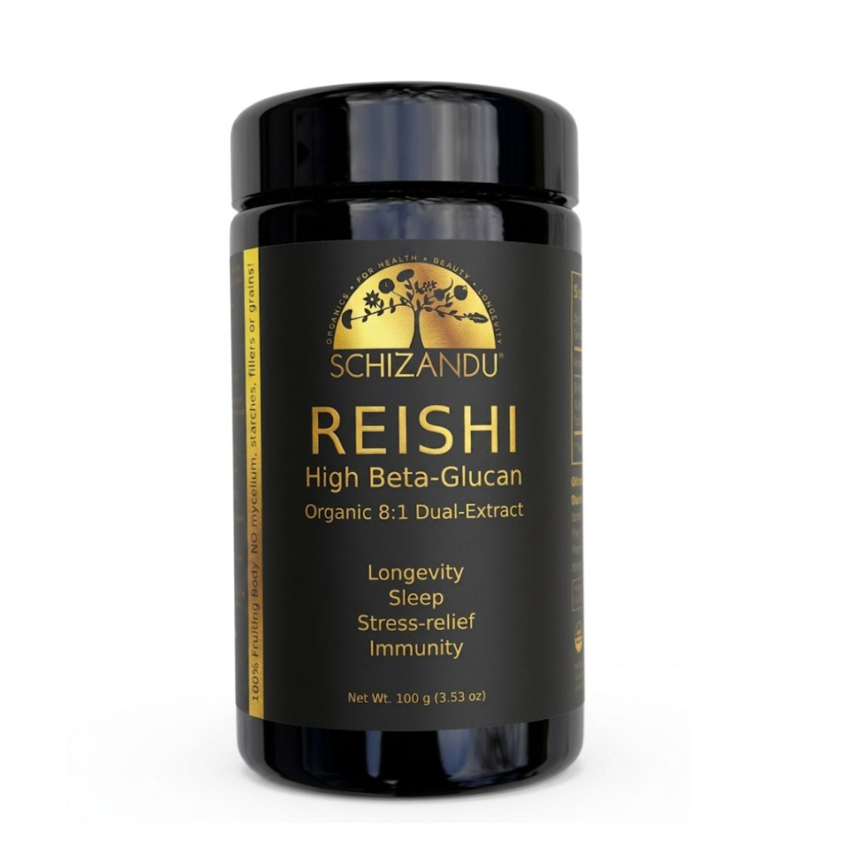 A black plastic jar of Schizandu Reishi High Beta-Glucan with a black label featuring gold text and a gold tree logo, set against a plain white background.