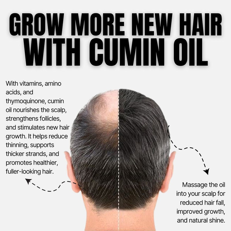 Advertisement for cumin oil to grow new hair, showing a split head with treated and untreated sides.