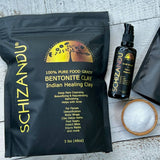 Schizandu Bentonite Clay packaging with a bottle of shilajit + fulvic minerals and a bowl of MSM on a wooden surface
