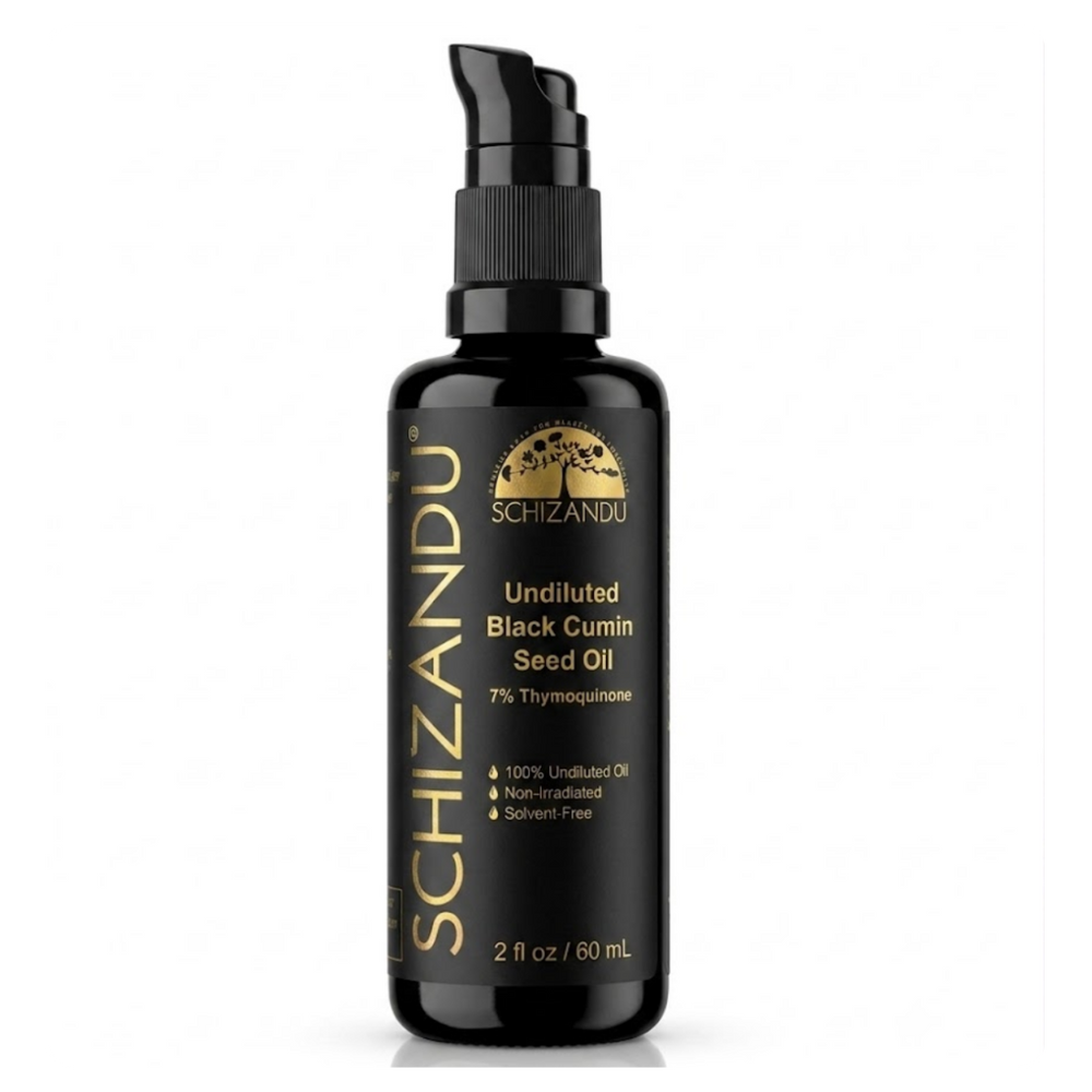 black bottle of Schizandu Undiluted Black Cumin Seed Oil with a black pump dispenser, shown on a clean white background.