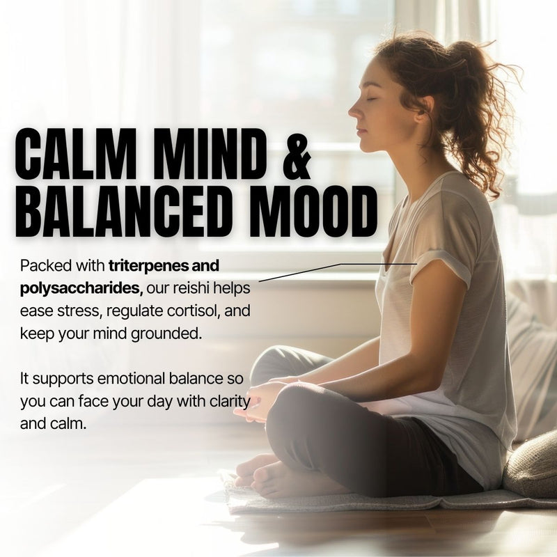 Woman meditating with text about reishi benefits for stress relief and mood balance.