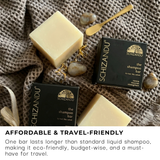 Schizandu shampoo bars on a textured surface with text highlighting affordability and travel-friendliness.