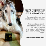 Dog lying on a couch with a box of Schizadou products and text about non-toxic baths.