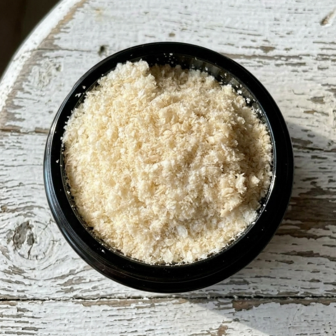 A close-up top-down view of Tocos/ Vitamin E in Miron glass jar, placed on a distressed white wooden surface.