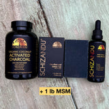 Schizandu products including activated charcoal, MSM, and a bottle on a wooden surface