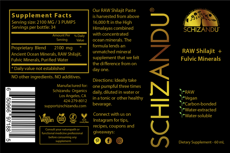 Supplement Facts of Raw Shilajit with Fulvic Minerals Drops, Schizandu